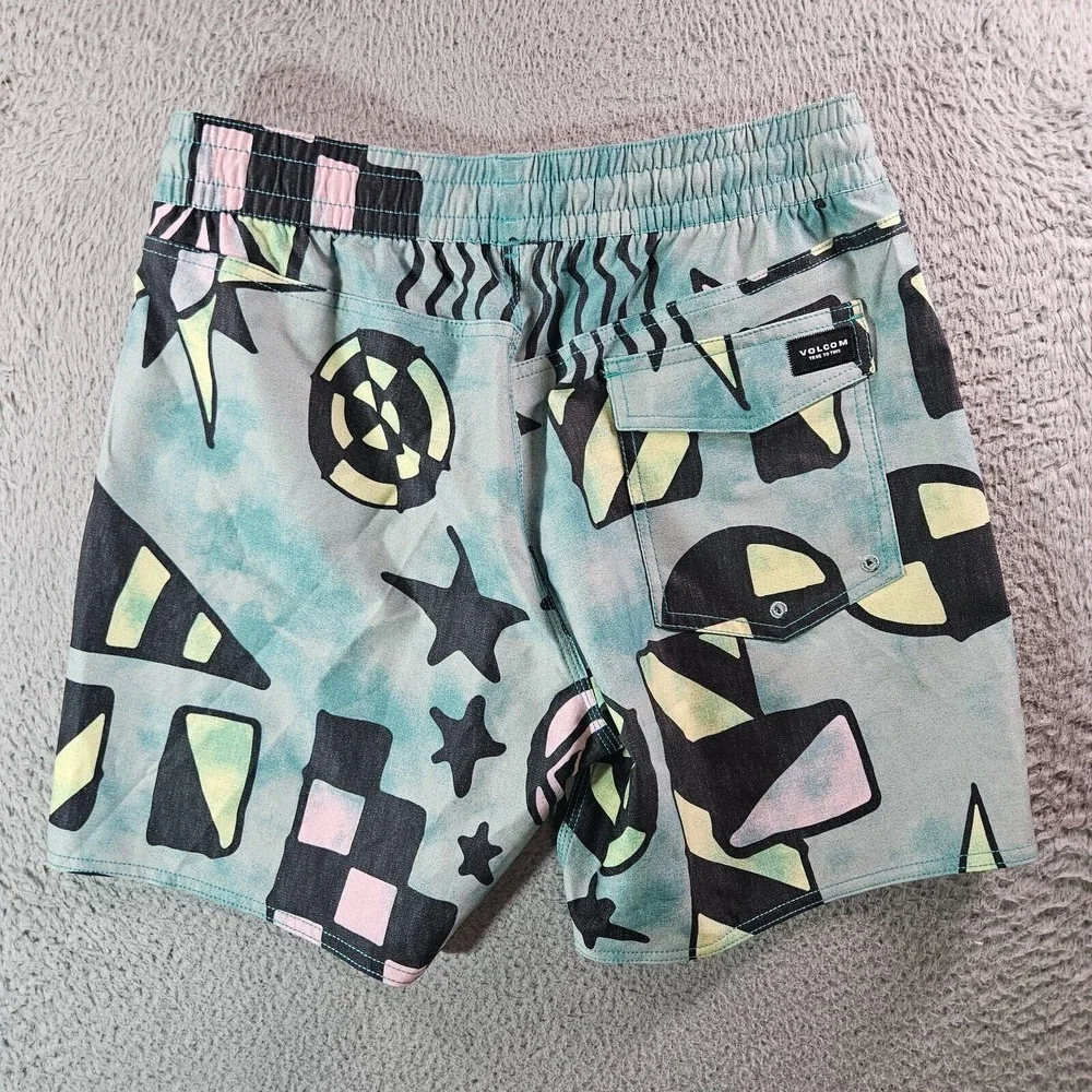 NWT Volcom‎ Stoneys Board Shorts Swim Trunks Men Small Geometric Green Black - Picture 7 of 11